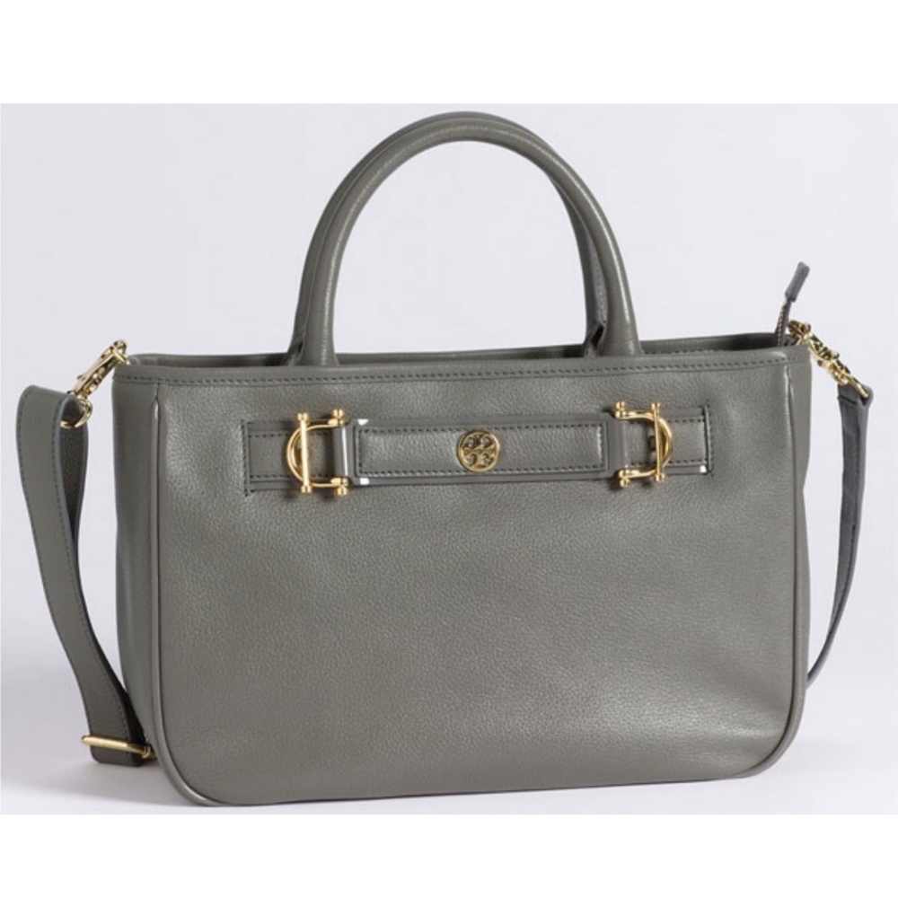 Tory Burch Leather Horsebit Satchel Crossbody Handbag Gray